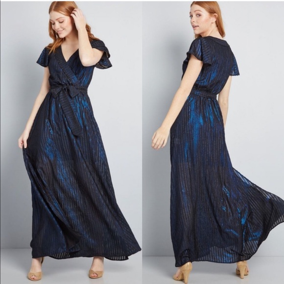 ModCloth Your Time to Shine Surplice Maxi Dress Flutter Sleeves Blue Black - Picture 2 of 10